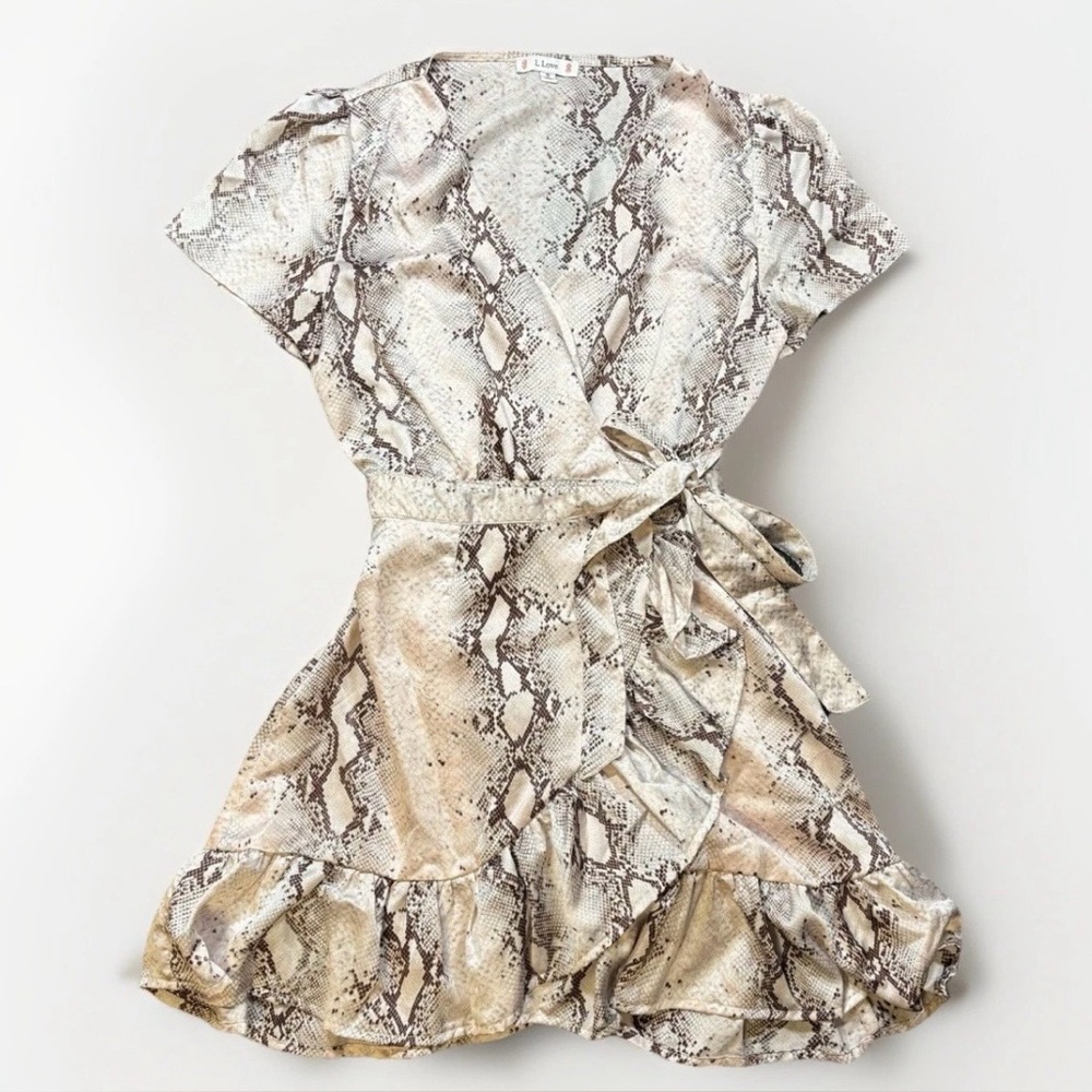 L Love Snake Print Satin Ruffle Wrap Mini Dress Women’s Size S Festival Cowgirl